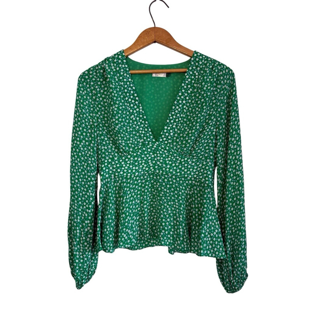 Rixo Womens Blouse Kikki Green Silk Blend Floral Blouse Flutter Sleeve Sz. XS